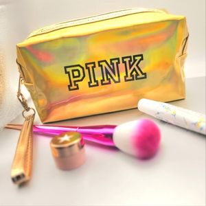 New PINK holographic cosmetic, clutch bag, zippered top, wristlet strap, Gold